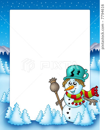 Frame with snowman and trees 7794616