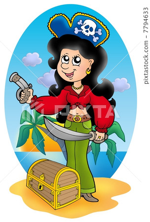 Cute pirate girl with treasure chest 7794633