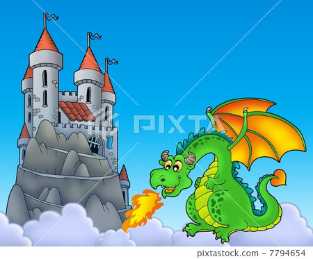 Green dragon with castle on hill Green dragon with castle on hill 7794654