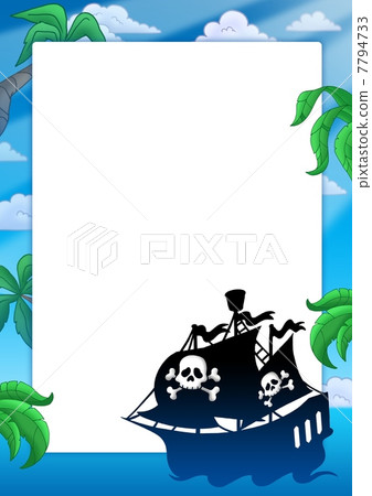 Frame with pirate ship silhouette Frame with pirate ship silhouette 7794733