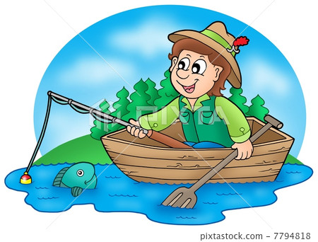 Fisherman in boat with trees Fisherman in boat with trees 7794818