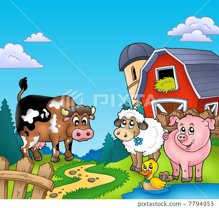 Red barn with farm animals 7794953