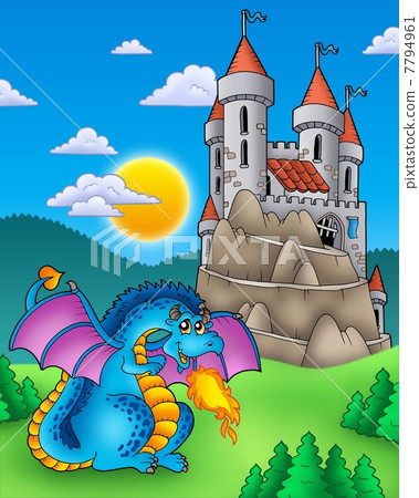 Blue dragon with castle on hill Blue dragon with castle on hill 7794961
