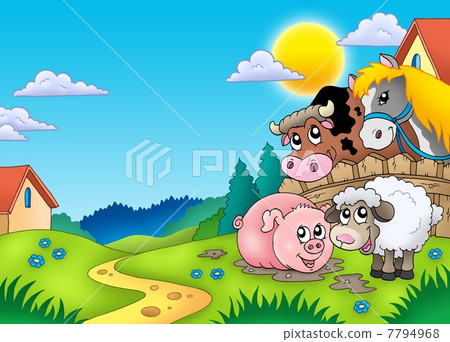 Landscape with various farm animals 7794968