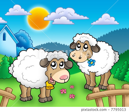 Two cute sheep behind fence - Stock Illustration [7795013] - PIXTA