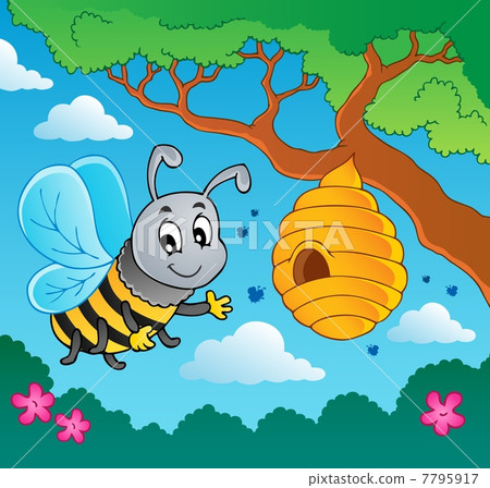 Cartoon bee with hive 7795917