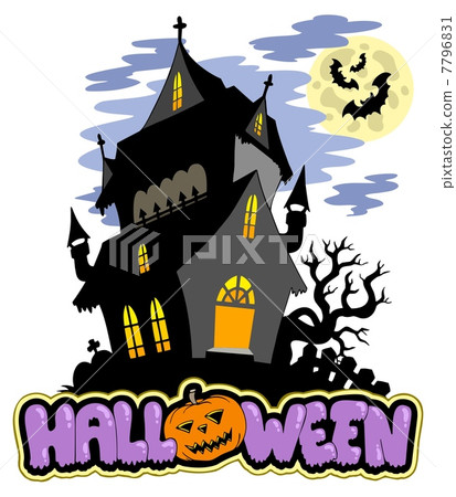 Halloween sign with haunted mansion 7796831