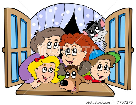 Happy family in open window Happy family in open window 7797276