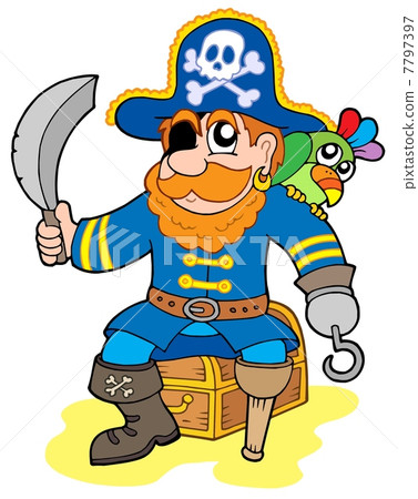 Pirate sitting on treasure chest 7797397