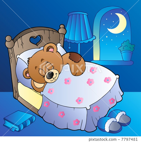Sleeping teddy bear in bedroom 7797481