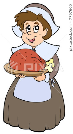 Pilgrim woman with roast turkey 7797600