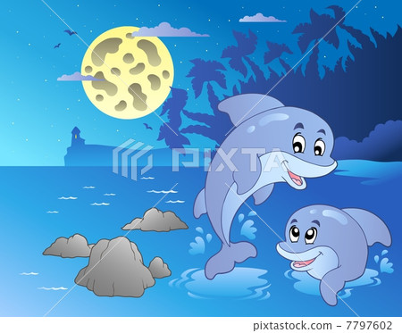 Night seascape with happy dolphins 7797602