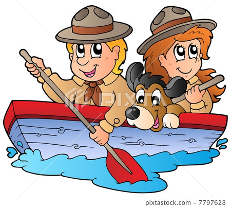 Wooden boat with scout boy and girl 7797628