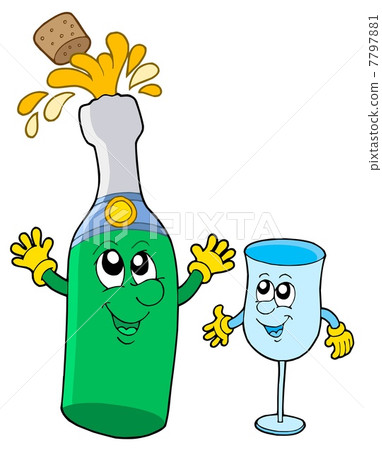 Smiling sparkling wine bottle with glass Smiling sparkling wine bottle with glass 7797881