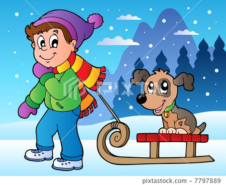 Winter scene with boy and sledge Winter scene with boy and sledge 7797889