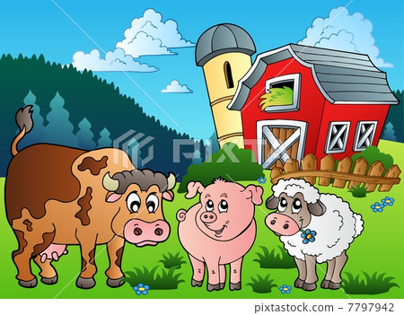 Three farm animals near barn - Stock Illustration [7797942] - PIXTA