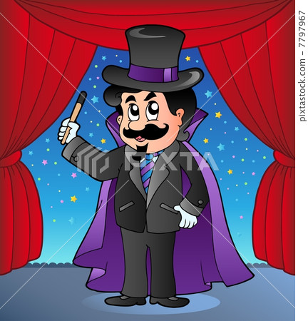 Cartoon magician on circus stage 7797967