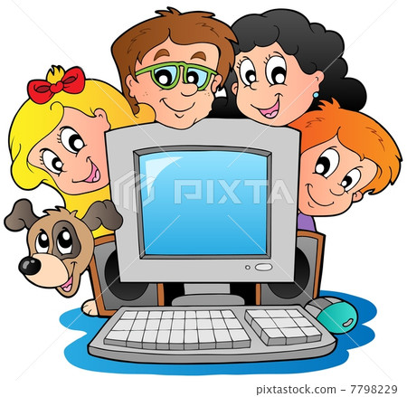 Computer With Cartoon Kids And Dog Stock Illustration 7798229