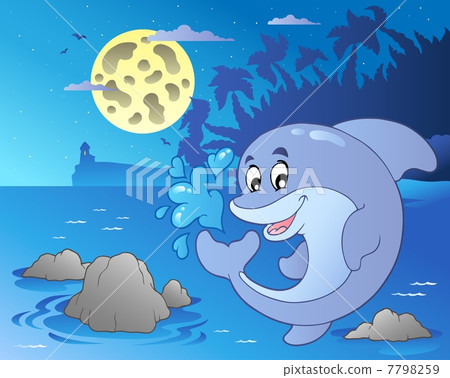 Night seascape with jumping dolphin 7798259