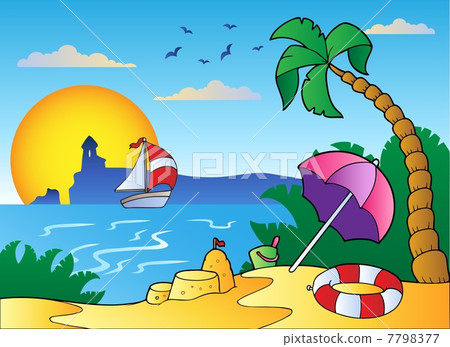 Beach with umbrella and sand castle Beach with umbrella and sand castle 7798377