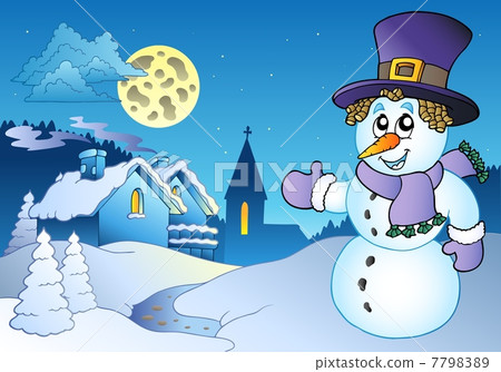 Snowman near small village 7798389