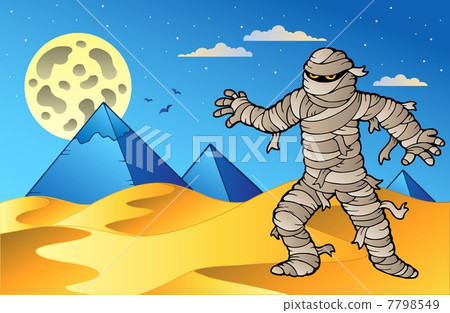 Night scene with mummy and pyramids 7798549