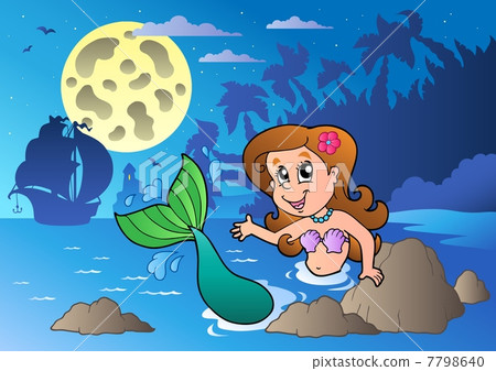 Night seascape with swimming mermaid Night seascape with swimming mermaid 7798640