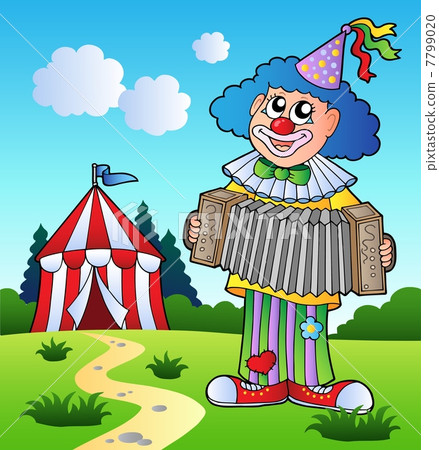 Clown playing accordion near tent 7799020