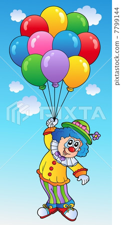 Flying clown with cartoon balloons Flying clown with cartoon balloons 7799144