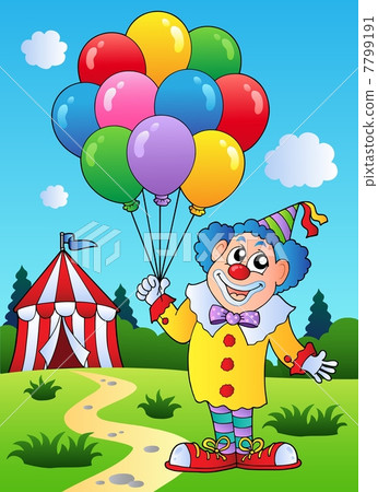 Clown with balloons near tent 7799191