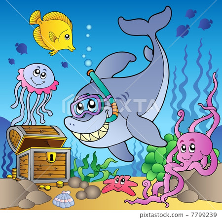 Shark diver with treasure chest 7799239
