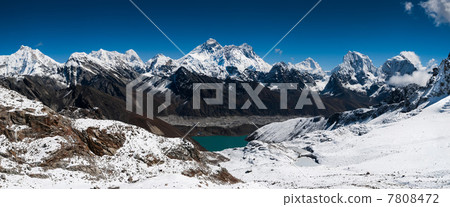 Panoramic view of Himalaya summits: Everest, Lhotse, Nuptse 7808472