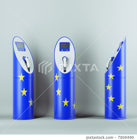 Eco fuel: three charging stations with EU flag pattern Eco fuel: three charging stations with EU flag pattern 7808490