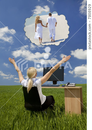 Businesswoman Daydreaming at Desk in Green Field 7808929