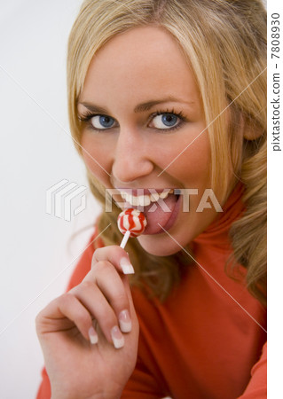 Smiling Woman Girl Sucking Lollipop 7808930