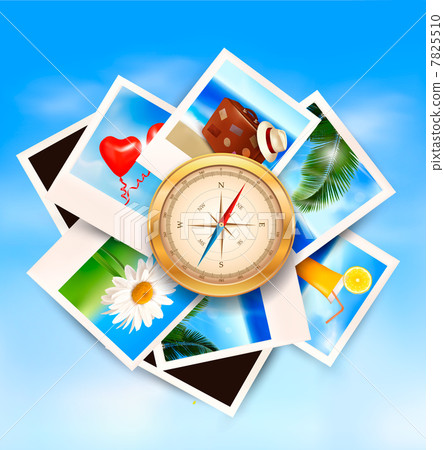 Background  with travel photos and  compass. Vector 7825510