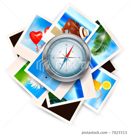 Background  with travel photos and  compass. Vector 7825513