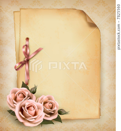 Retro background with beautiful pink rose and old paper. Vector 7825560