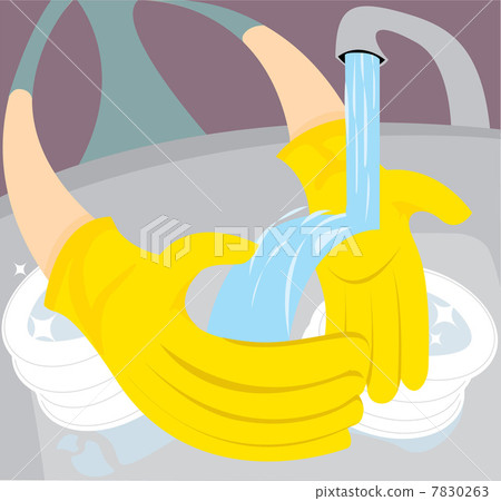Woman with rubber gloves washing the dishes 7830263