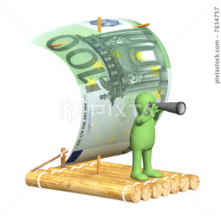 Puppet with spyglass on wooden raft 7834757