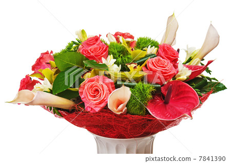 Colorful flower bouquet arrangement centerpiece in vase isolated Colorful flower bouquet arrangement centerpiece in vase isolated 7841390
