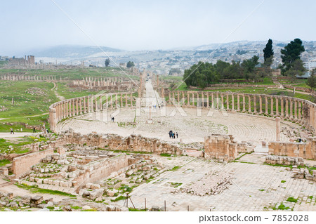 ancient roman oval forum in antique town Jerash ancient roman oval forum in antique town Jerash 7852028