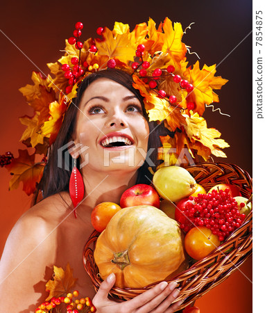 Girl holding basket with fruit. Girl holding basket with fruit. 7854875