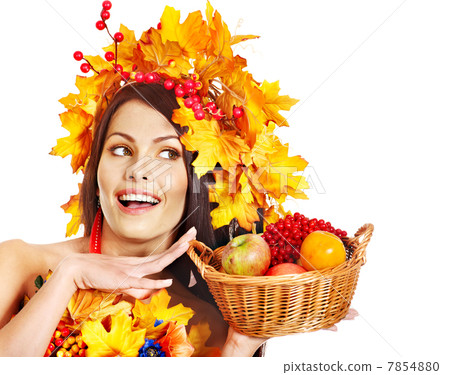 Girl  holding basket with fruit. 7854880