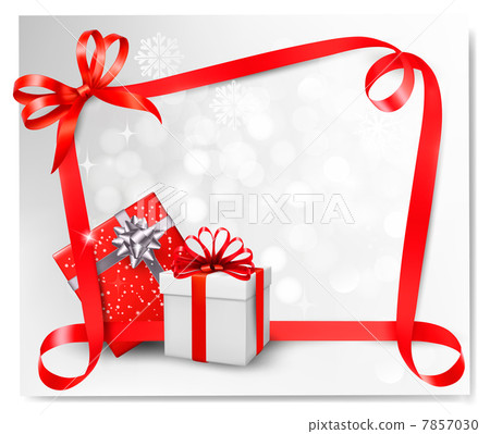 Holiday background with red gift bow with gift... - Stock Illustration ...