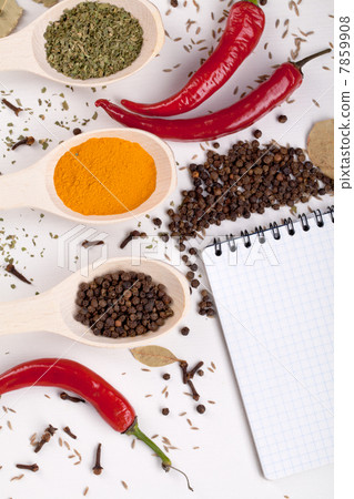 notebook, red chilli pepper, spices in spoons notebook, red chilli pepper, spices in spoons 7859908
