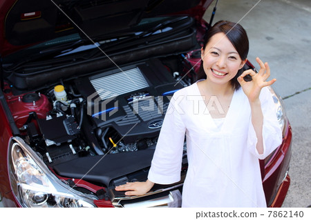 Girl opening a car's hood Girl opening a car's hood 7862140