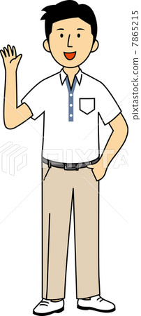 30-year-old middle-aged man who raises his hand and greets 7865215