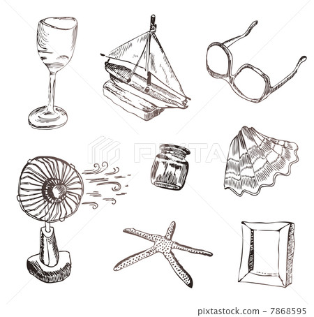 Vector set of vocation icons. Wine glass, boat, sunglasses, fan, Vector set of vocation icons. Wine glass, boat, sunglasses, fan, 7868595