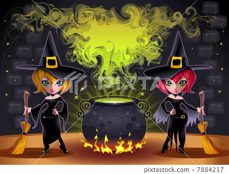 Funny witches with pot. 7884217